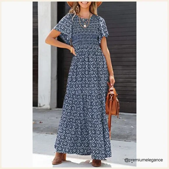 Flutter Sleeve Smocked Maxi Dress Tiered Floral Boho Summer Casual - Picture 3 of 7